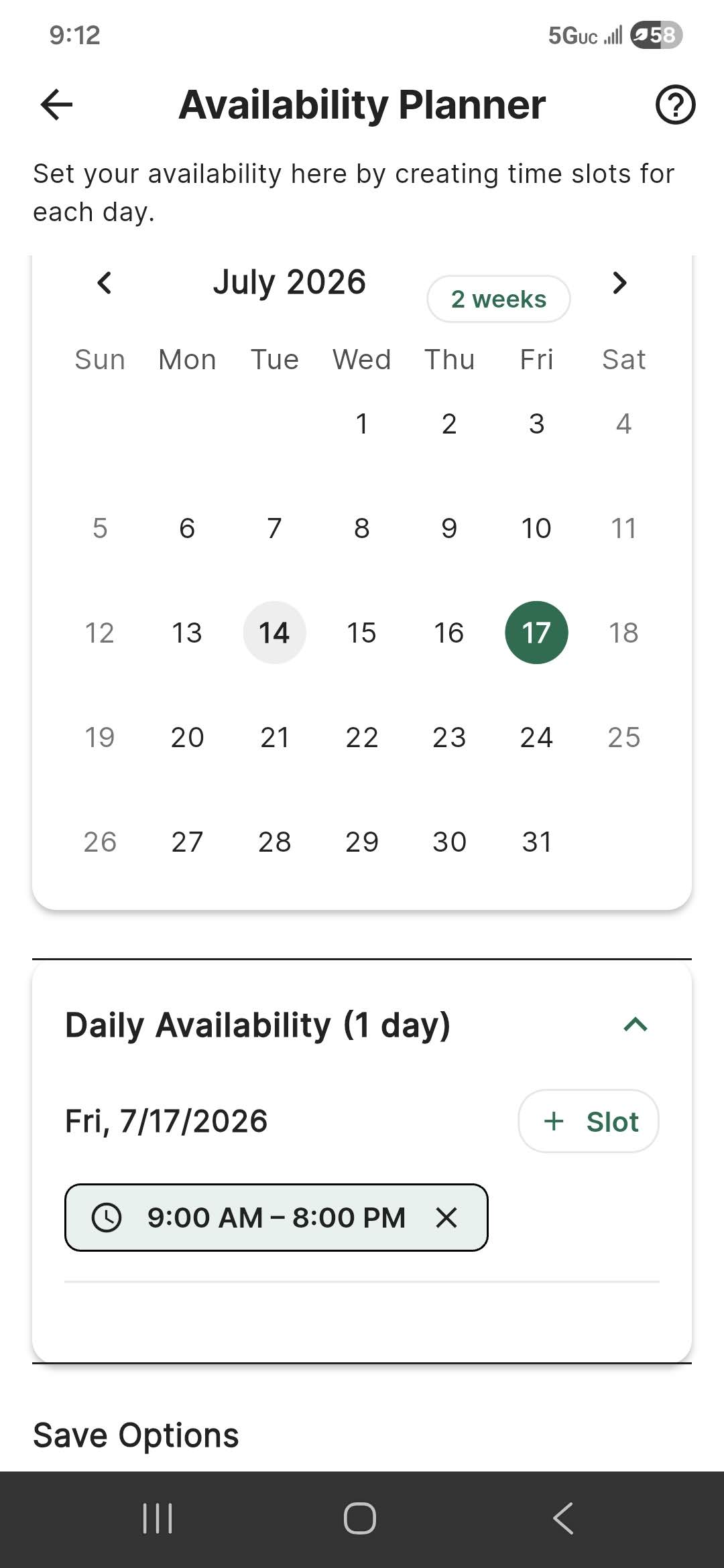 Availability planner with time slots