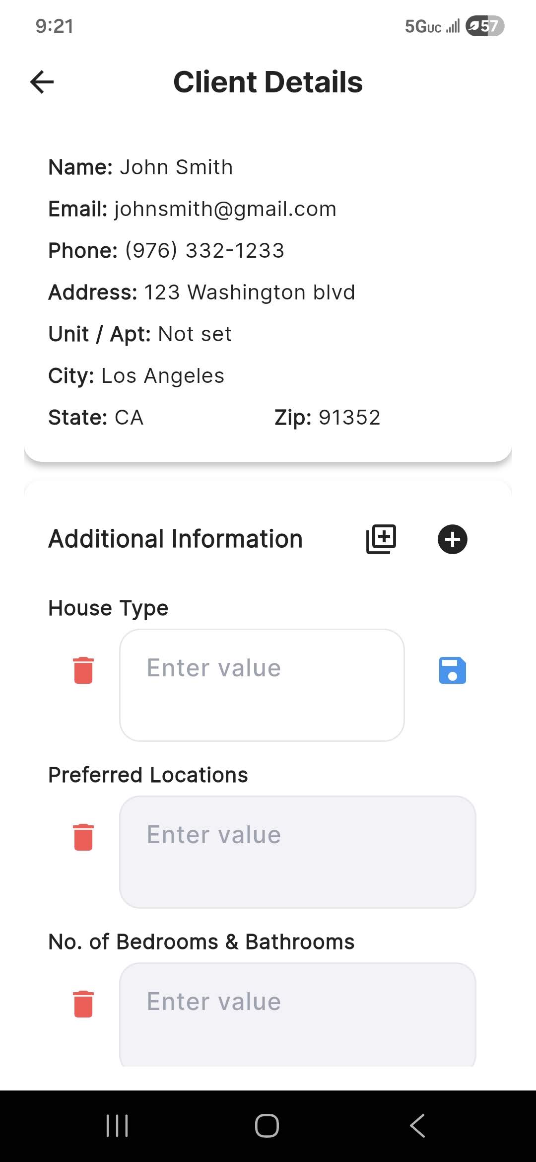 Client profile page in Client Care Nest